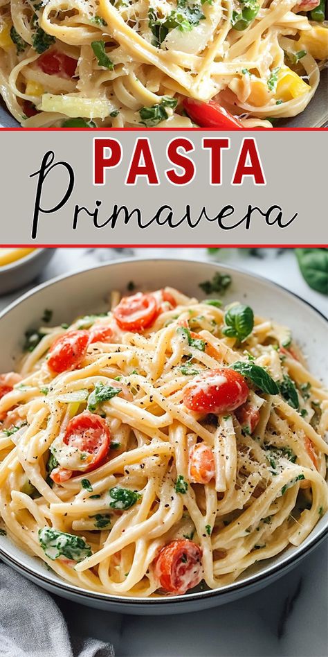 Pasta Primavera Ingredients:

12 oz. fettuccine or spaghetti
1 zucchini, sliced
1 yellow squash, sliced
1 bell pepper, julienned
1/2 cup cherry tomatoes, halved
1/2 cup asparagus, cut into 2-inch pieces
1/2 cup peas (fresh or frozen)
2 tablespoons olive oil
3 cloves garlic, minced
1/4 teaspoon red pepper flakes
1/2 cup heavy cream
1/4 cup grated Parmesan cheese
Salt and pepper to taste
Fresh basil for garnish

#pasta #easyrecipes Pasta With Roasted Veggies, Spaghetti With Vegetables Recipes, Alfredo Primavera Pasta, Spaghetti Veggie Recipes, Creamy Pasta With Zucchini, Creamy Veg Pasta, Easy Pasta Primavera Recipes, Vegetable Heavy Dinners, Pasta Primavera Recipes Healthy