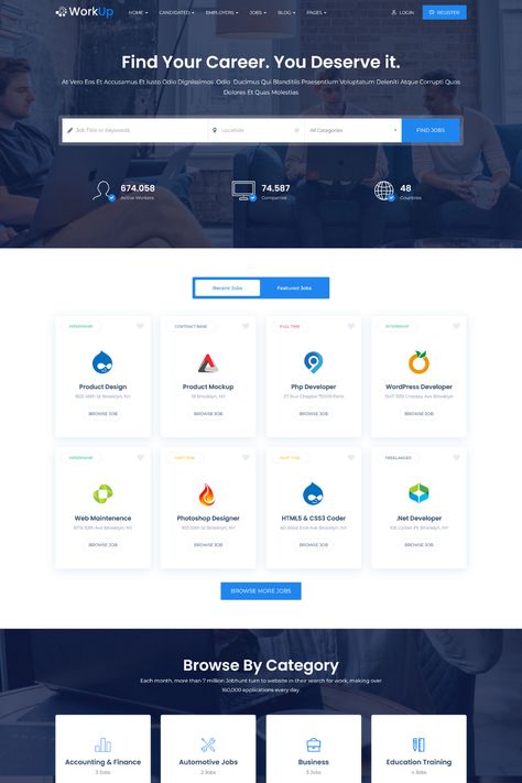 Workup is a professional and user-friendly job board WordPress theme designed to help you create a comprehensive and effective platform for connecting job seekers with employers. With its clean and modern design, Workup is sure to impress both site owners and users. It features a built-in job listing system, advanced search options, and a user-friendly interface, making it easy for job seekers to find the right opportunities and for employers to find the right candidates. Job Portal Website Design, Job Portal Website, Website Design Inspiration Layout, Job Page, Job Website, List Of Jobs, Job Portal, Job Seekers, Wordpress Theme Design