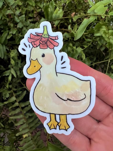 Duck With Flower Hat Drawing, Duck With Flower Hat, Ducks With Hats, Duck With Flower, Ducky Momo, Duck Flower, Duck Stickers, Silly Birds, Flower Kawaii