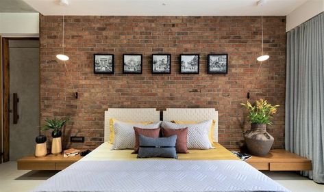 Red Brick Wall Bedroom, Apartment Contemporary, Brick Wall Bedroom, Indian Bedroom Design, Brick Bedroom, Loft Apartment Decorating, Brick Room, Stylish Bedroom Design, Interior Design Your Home