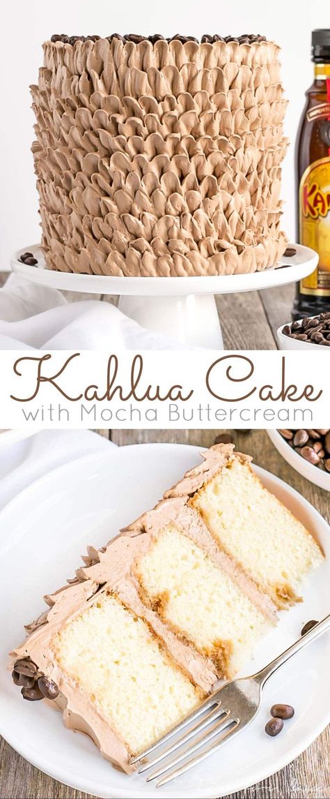 This pretty Kahlua Cake is infused with coffee liqueur & espresso, and adorned with billowy mocha buttercream ruffles. | livforcake.com via @livforcake Mocha Buttercream, Kahlua Cake, Buttercream Ruffles, Weight Watcher Desserts, Coffee Liqueur, Dessert Aux Fruits, Low Carb Dessert, Buttercream Recipe, Decadent Cakes