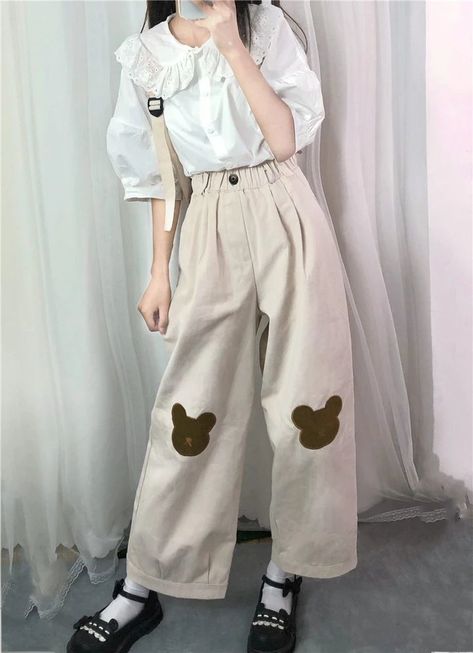 Kawaii Pants, Embroidery Pants, Wide Leg Pants Women, Bear Embroidery, Kawaii Harajuku, Japanese Kawaii, Cute Pants, Kawaii Fashion Outfits, Vintage Soft