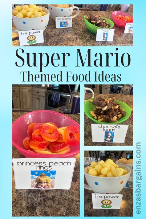 Super Mario Bros Dinner Ideas, Super Mario Birthday Pictures, Super Mario Bros Party Snacks, Mario And Luigi Birthday Party Food, Super Mario Bros Theme Party, Super Mario Bros Snack Ideas, Mario Breakfast Ideas, Super Mario Bros Movie Night Ideas, Mario Snacks For Party