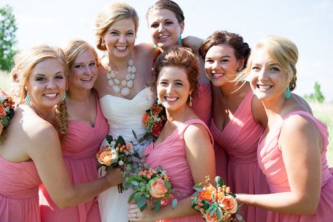 Kennedy Blue bridesmaid dresses in coral. | An Outdoor Wedding That’s Simply Charming | Kennedy Blue Bridesmaid Emergency Kit, Gorgeous Bridesmaid Dresses, Wedding To Do List, Bridal Party Attire, Beautiful Bridesmaid Dresses, Chiffon Bridesmaid Dresses, Blue Bridesmaid Dresses, Running Late, Chiffon Bridesmaid