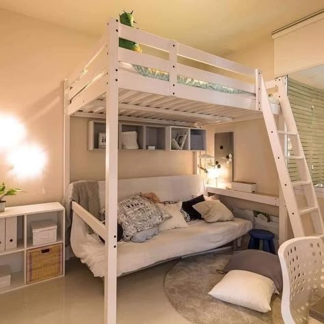 Bunk Bedroom Aesthetic, Aesthetic Loft Bed, Aesthetic Bunk Bed Ideas, Tall Loft Bed, Bedroom Ideas Loft Bed, Teen Girl Bedroom Ideas Aesthetic, Loft Bed With Couch, Aesthetic Bunk Bed, Dorm Room Ideas For Girls