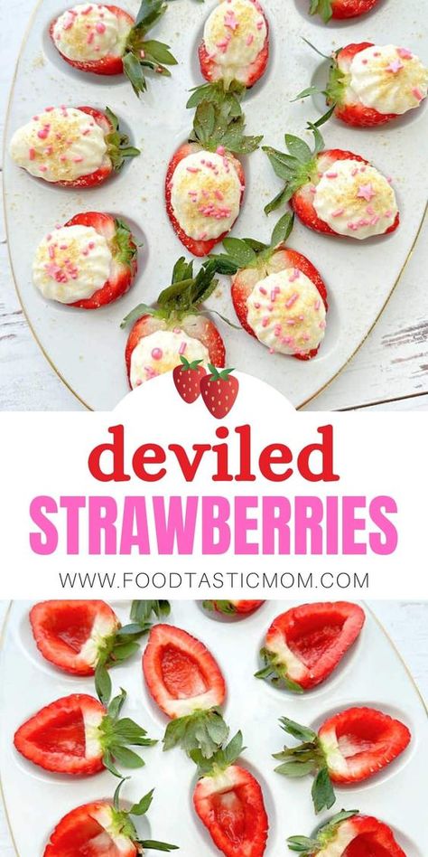 Try filling your deviled egg platter with juicy strawberries! This yummy dessert combines fresh berries with a creamy cheesecake filling. via @foodtasticmom Deviled Strawberries, Egg Platter, Fresh Strawberry Recipes, Deviled Egg Platter, Easter Appetizers, Easter Dishes, Easter Desserts Recipes, Lake Food Ideas, Cheesecake Filling