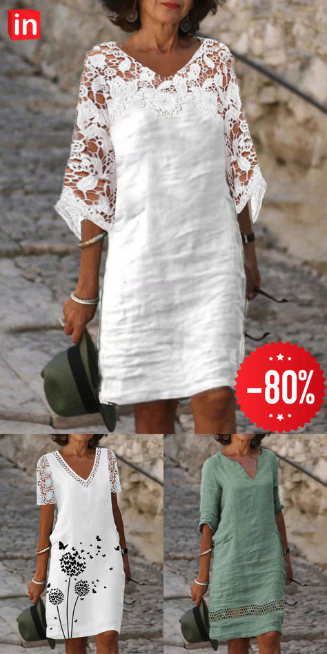 Women's Cotton Linen Dress Casual Dress Shift Dress Midi Dress Cotton And Linen Fashion Modern Outdoor Daily Vacation V Neck Lace 3/4 Length Sleeve Summer Spring Fall 2023 Loose Fit White Plain S M L White Linen Dresses For Women, Linen Dresses Elegant, Elegant Cotton Dress, Linen Dress Casual, Cotton Lace Dress, Linen Dresses For Women, Linen Dress Women, Spring Dresses Casual, White Linen Dresses