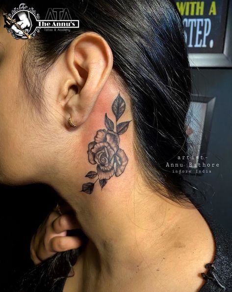 Neck Tattoo Cover Up, Back Ear Tattoo, Rose Tattoo Behind Ear, Neck Tats, Rose Neck Tattoo, Flower Neck Tattoo, Hummingbird Tattoos, Female Tattoo Artist, Small Neck Tattoos