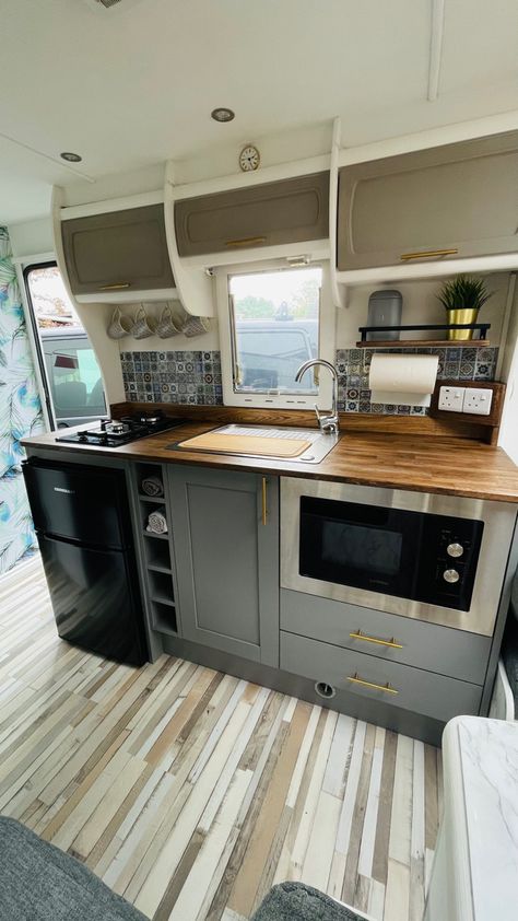 Caravan Open Shelving, Caravan Kitchen Makeover, Grey Caravan Interior, Caravan And Annex Renovation, Caravan Kitchen Renovation, Touring Caravan Interior Ideas, Touring Caravan Makeover, Small Caravan Renovation, Caravan Kitchen Ideas