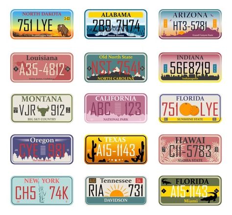 Car numbers of vehicle registration in u... | Premium Vector #Freepik #vector #vintage #tree #car #travel License Plate Graphic Design, Vintage Ribbon Banner, Typeface Poster, Car Number Plates, American States, Retro Crafts, Craft Label, Logo Design Collection, Vintage Text