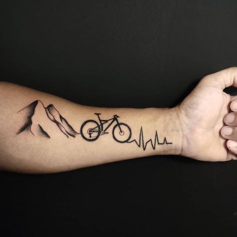 Biking Tattoo, Tattoo Bike, Cycling Tattoo, Mountain Bike Tattoo, Bike Tattoo, Bicycle Tattoo, Drawing Scenery, Forearm Band Tattoos, Lighthouse Tattoo