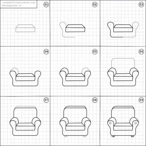 134 Likes, 2 Comments - Random Things to Draw (@rttdraw) on Instagram: “How to draw a comfy chair.” Random Things To Draw, Chair Drawing, Interior Design Sketches, Seni Dan Kraf, Things To Draw, Easy Doodle Art, Drawing Tutorial Easy, Bullet Journal Doodles, Comfy Chairs