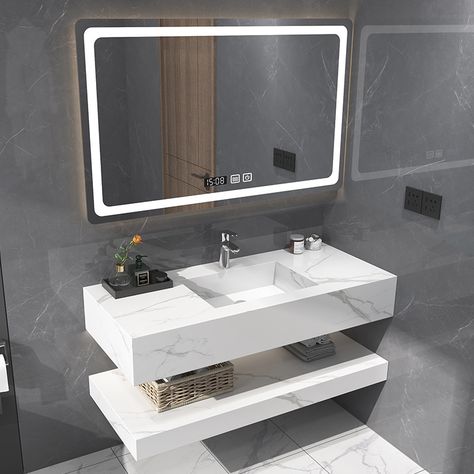 Washroom Sink Ideas, Wash Basin Ideas, Bathroom Vanity Mirror Ideas, Smart Mirror Bathroom, Vanity Wash Basin, Decorative Bathroom Mirrors, Small Bathroom Mirrors, Marble Basin, Stone Bathroom Sink