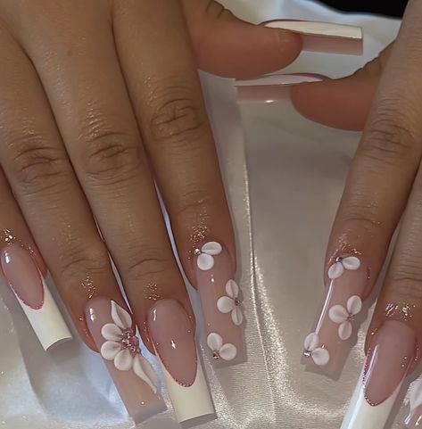 Spring Nails With 3d Flowers, Lily Flower Nails, French Tip With 3d Flower Design, Nails With Acrylic Flowers, French Tip Acrylic Nails With Flower, 3d Acrylic Nail Art Flowers, V French Nails, White Flower Nails, Pink Wedding Nails