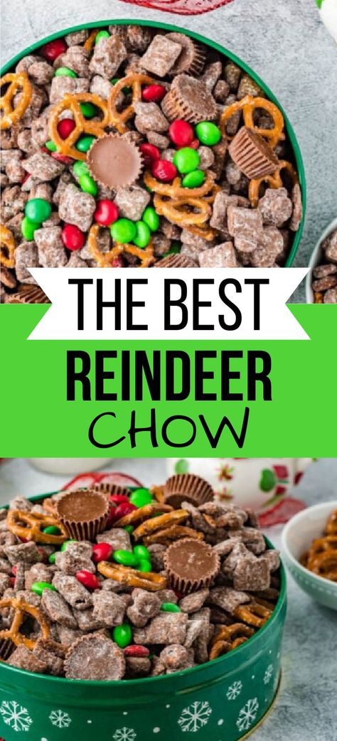 Collage of Christmas tin full of reindeer chow at top and bottom. Chex Mix Recipes Christmas, Christmas Chex Mix, Reindeer Chow Recipe, Easter Snack Mix, Chex Mix Recipes Sweet, Salty Pretzels, Christmas Snack Mix, Puppy Chow Christmas, Mini Peanut Butter Cups