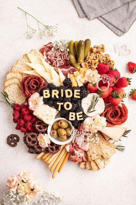 20 Creative Bridal Shower Charcuterie Boards Charcuterie Board Ideas For Bridal, Ideas For Rehearsal Dinner, Shower Mood Board, Bridal Shower Charcuterie Board, Bridal Shower Charcuterie, Shower Charcuterie Board, Bachelorette Food, Bachelorette Party Food, Charcuterie Board Wedding