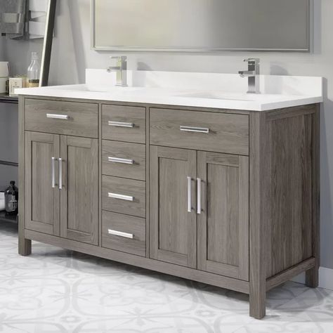 Gray Vanity Bathroom Ideas, Greige Bathroom Vanity, Bathroom Vanity Grey, Mid Century Modern Bathroom Vanity, Greige Cabinets, Vanity Double Sink, 60 Vanity, 72 Vanity, 60" Vanity