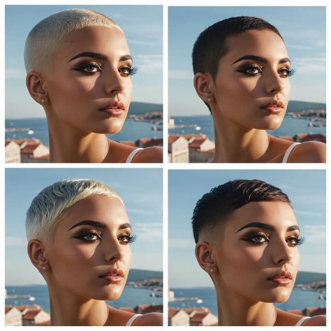 Pixiecut or buzzcut? Blonde or brunette? Gorgeous women in Croatia for photoshoot near the see by daylight. She is trying pixiecut and buzzcut as well blonde that brunette. Generated by AI (Stable diffusion). #aistyle #aimodels #hairstyle #stablediffusion #shorthair #photomodel #pixiecutstyle #buzzcutgirl #croatia #shavedside Blonde Or Brunette, Buzzed Hair Women, Buzzcut Girl, Pixie Cut Styles, Buzzed Hair, Extreme Hair, Amazing Hair, Perfect Brows, Buzz Cut