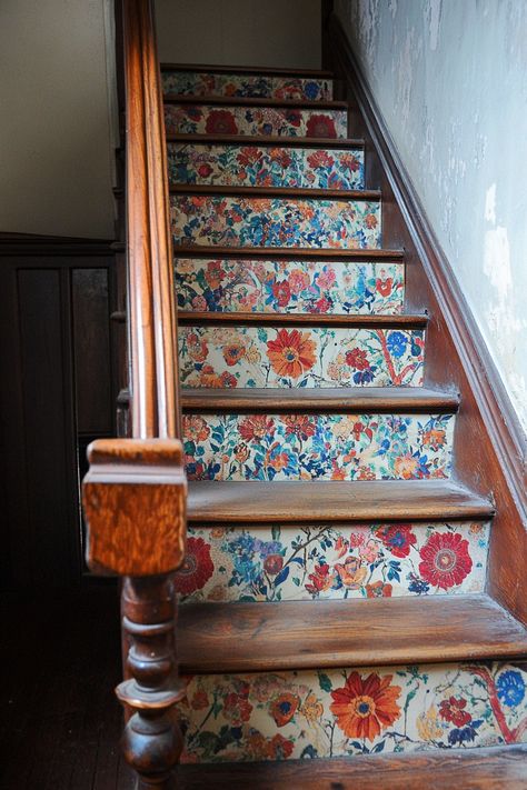 "Transform your staircase with DIY Wallpapered Stair Risers! 🎨✨ Add a burst of color and pattern to your home by updating your stair risers with your favorite wallpaper. A simple project that makes a big impact! 🏡🌟 #StaircaseMakeover #WallpaperDecor #DIYHome" Interior Design Stairs, Stairs With Wallpaper Risers, Stair Riser Tile Ideas, Stairs With Painted Risers, Decorative Stair Risers, Wallpaper On Stair Risers, Stair Wallpaper, Boho Stairs, Stair Risers Ideas