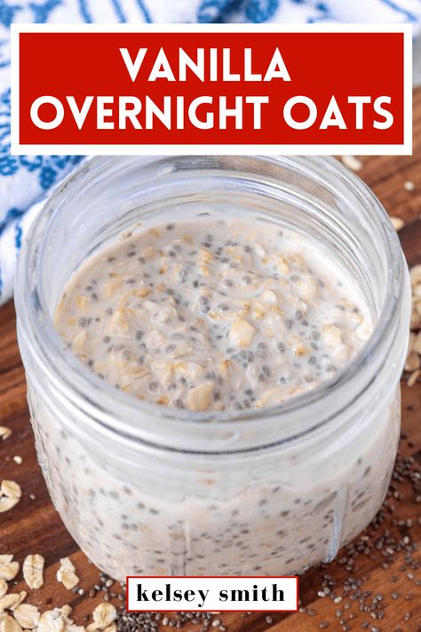 Vanilla overnight oats are the perfect basic overnight oatmeal recipe. Top with your favorite fruits, nut butter, granola, or nuts. This is a great breakfast idea for people who enjoy meal prep. You can make jars of overnight oats on Sunday night and have an easy, healthy breakfast ready all week. Old fashioned oats are a gluten-free whole grain and are a good source of dietary fiber. Plus, chia seeds are high in fiber and omega-3 fatty acids. Basic Overnight Oats Recipe No Yogurt, Instant Oatmeal Overnight Oats, Overnight Chia Oatmeal, Basic Overnight Oats, Basic Overnight Oats Recipe, Oatmeal Overnight, Vanilla Overnight Oats, Overnight Oats In A Jar, Night Oats