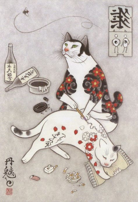 Cats Tattooing Each Other In Surreal Japanese Ink Wash Paintings Kazuaki Horitomo, Monmon Cats, Ink Wash Painting, Japanese Cat, Badass Tattoos, Cats In Art, Ink Wash, Art Japonais, Cats Illustration