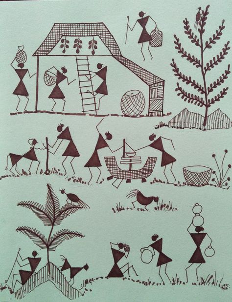 Indian tribal art form, Warli Painting on Paper Warli Paintings For Beginners, Warli Borders, Warli Paintings, Worli Painting, Warli Painting, Warli Art, Painting For Beginners, Simple Wallpapers, New Year Card