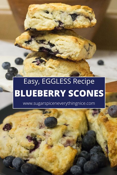 3 Blueberry scones stacked on top of each other and blueberries spread around it No Egg Scones Recipe, Eggless Scones Recipes, Egg Free Scones, Scones Without Eggs, Scones Recipe No Egg, Eggless Scones Recipe Easy, Scones No Egg, Homemade Blueberry Scones Easy, Eggless Scones