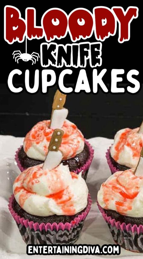 Wondering how to make your Halloween menu or dinner table extra scary? Bloody knife Halloween cupcakes is the answer! These ultra spooky Halloween dessert cupcakes will take your party to the next level, for sure! Knife Cupcakes, Halloween Dessert Cupcakes, Scary Desserts, Knife Halloween, Homemade Halloween Treats, Cream Cheese Icing Recipe, Spooky Halloween Desserts, Cupcakes Halloween, Halloween Party Treats