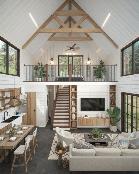 Small Home Vaulted Ceiling, Loft Home Interior, Living Room With Loft Above, Tiny Loft House Design, Small Houses Interiors, Loft Overlooking Living Room, Great Room With Loft, Loft Type House, Tiny House Interior Design Ideas