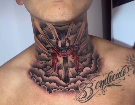 Front Neck Tattoos For Men, Men’s Neck Tattoos, Back Neck Tattoo Men, Neck Tattoos Men, Front Neck Tattoo For Guys, Back Of Neck Tattoo Men, Good And Evil Tattoos, Cross Tattoo Neck, Neck Tattoos For Men