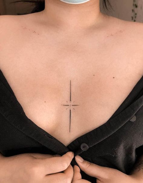 Chest Tattoo Female Cross, Fine Line Chest Tattoo Female, Tattoo Between Breast Women, Cross Chest Tattoo Female, Tattoo Middle Of Chest Women, Tiny Sternum Tattoo, In Between Chest Tattoo For Women, Cross Chest Tattoo, Small Chest Tattoo Female