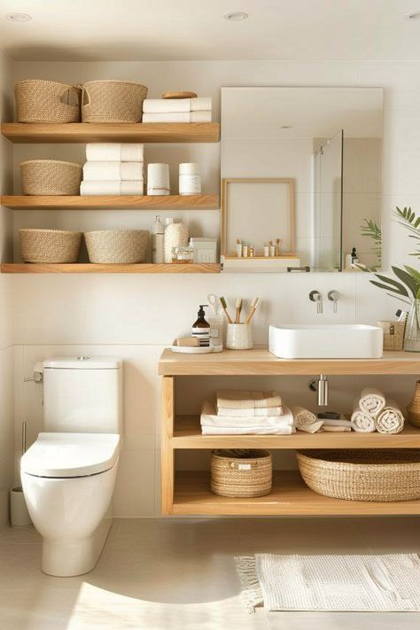 Tiny Japandi Bathroom, Japandi Half Bathroom, Muji Home Bathroom, Japandi Bathroom Storage, Small Scandi Bathroom, Small Zen Bathroom Ideas, Japandi Small House, Small Japandi Bathroom, Japandi Interiors Bathroom