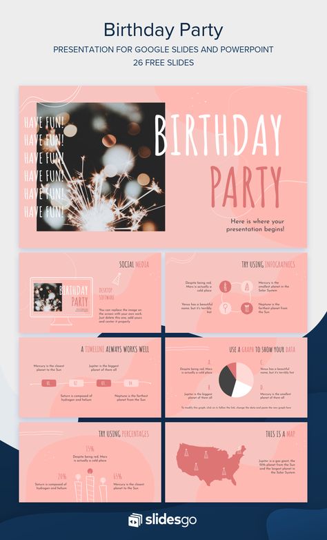 Organize a great Birthday Party with this creative presentation. Download it as a Google Slides theme or PowerPoint template Birthday Powerpoint Ideas, Birthday Presentation Slides, Power Point Party Ideas, Slide Themes, Geometry Vocabulary, 15th Birthday Party Ideas, Free Powerpoint Presentations, Presentation Design Layout, Happy Birthday Design