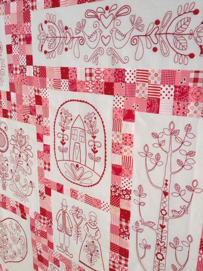 Redwork Quilts, Redwork Quilt, Scandinavian Quilts, Stitchery Patterns, Scandinavian Embroidery, Redwork Patterns, Pink Quilt, Swedish Embroidery, Red And White Quilts