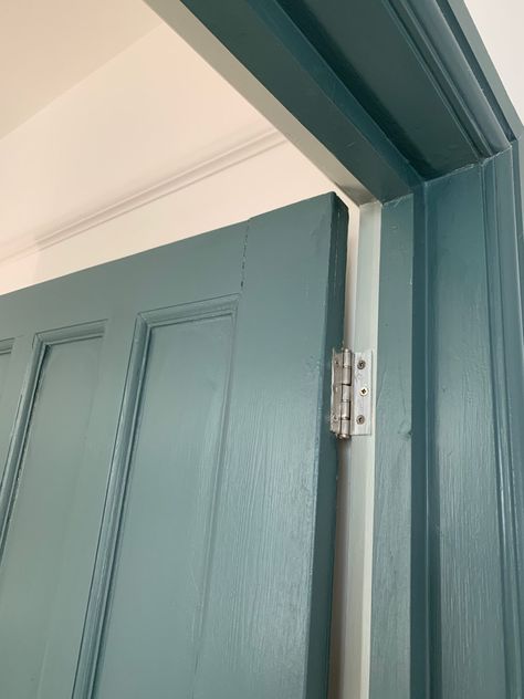 Door Frame Ideas Paint, Internal Door Paint Ideas, Painted Double Doors, Painted Wooden Doors Interior, Internal Doors Colour Ideas, Blue Door Frame, Painting Internal Doors, Painting Door Frames Interior, Colourful Door Frames