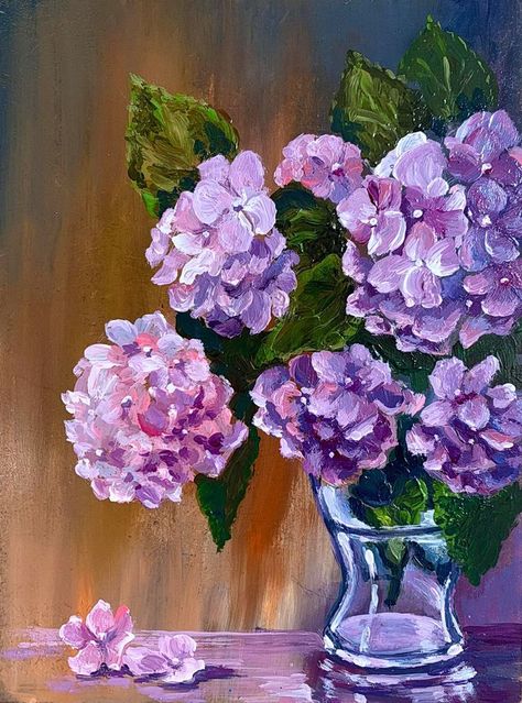 Hydrangea Flowers in a Glass Vase Original Oil Painting Ukrainian Art Pink Flowers Painting Ukraine Seller Handmade 7 by 9 Hydrangea Painting Easy, Hydrangea Painting Acrylic, Painted Hydrangea, Hydrangea Artwork, Pink Flowers Painting, Flower Vase Painting, Hydrangea Art, Flowers In Vase Painting, Flower Dress Art