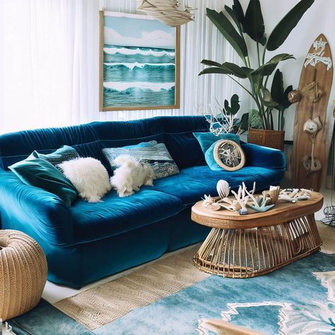 blue couch ocean boho nautical living room Ocean Living Room Decor, Ocean Themed Living Room, Ocean Theme Living Room, Ocean Living Room, Blue Couch Living Room, Blue Couch, Nautical Living Room, Blue Couches, Small Apartment Living Room