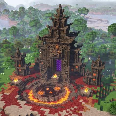 We upgraded a vanilla ruined portal into this crazy nether invested gothic firey structure! Enderman Minecraft Build, Nature Nether Portal, Nether Design Ideas, Minecraft Nether Bridge Ideas, Nether Themed Builds, Nether Fortress Minecraft, Nether Spawn Ideas Minecraft, Nether Portal Design Medieval, Nether Fortress Build