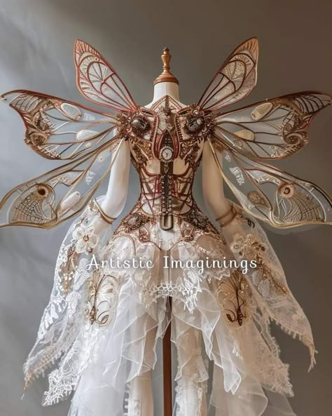 Steampunk Fairy Wings, Mechanical Fairy Wings, Fantasy World Clothes, Fairy Dress With Wings, Fairytale Dress Aesthetic, Steampunk Wings, Steampunk Fairy, Butterfly Fashion, Fairytale Fashion