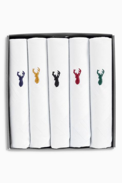 Mens Next White Stag Embroidered Handkerchiefs Five Pack -  White Handkerchief Men, Embroidered Handkerchief, White Stag, Next Day, For Men, Embroidery, White