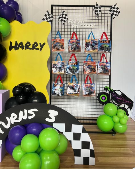 Monster Truck Kids Birthday Party Monster Truck Backdrop, Adopt A Monster, Mesh Backdrop, Monster Truck Rally, Monster Truck Kids, Monster Truck Theme, Table Stools, Signage Acrylic, Yellow Backdrop