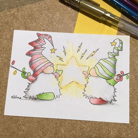 Drawing Christmas Card Ideas, Cute Small Christmas Drawings, Xmas Card Drawing, Christmas Poster Ideas For School, Cute Christmas Art Drawing, Christmas Gnome Drawing Easy, New Years Eve Drawing, Drawing For Grandma, Christmas Gnome Drawing