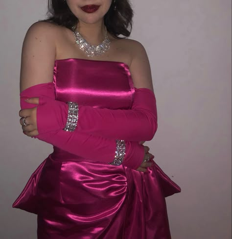 Hot Pink Dress Birthday Outfit, Pink Dress Black Gloves, Hollywood Theme Homecoming Dresses, Hollywood Themed Homecoming Dresses, Pink Disco Outfit, Hot Pink Outfits Aesthetic, Fuschia Pink Dress, Hot Pink Outfit, 1950s Fashion Women