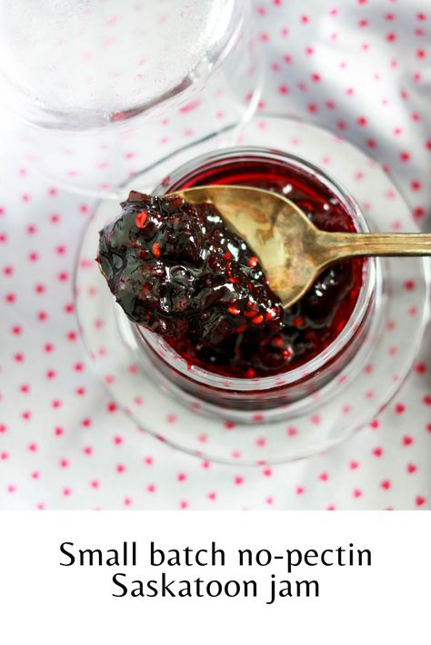 This easy homemade Saskatoon jam recipe yields a small batch of jam and requires only three ingredients: Saskatoon berries, sugar, and lemon juice. It is delicious on toast, pancakes, waffles, ice cream, yogurt. Saskatoon Recipes, Saskatoon Berry Recipe, Berry Jam Recipe, Easy Jam Recipe, Saskatoon Berry, Easy Jam, Berry Jam, Canadian Food, Berries Recipes