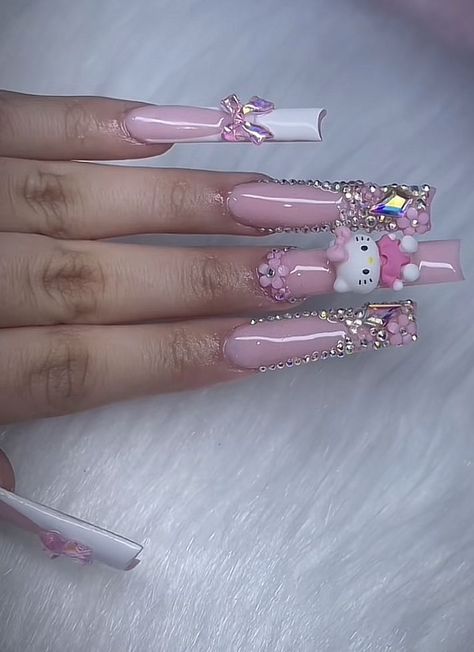 Unique Acrylic Nails Hello Kitty, Bling Rhinestone Nails, Long Square Acrylic Nails Hello Kitty, Big Hello Kitty Charm Nails, Pink Bling Nails Rhinestones Sparkle, Long Acrylic Nails Mexican, Pink Nails Bling Rhinestones, Big Charms On Nails, Xxl Long Acrylic Nails Pink