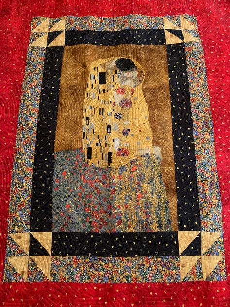 Pattern is Fernanada by Villa Rosa Designs.   I chose this Gustav Klimt panel, “The Kiss”.   This is to be given to my daughter, Elspeth, for her birthday.  This is my 17th quilt. Klimt Quilt, Gustav Klimt Quilt, Klimt Quilt Patterns, Gustav Klimt The Kiss Quilt, Gustav Klimt Adele Bloch Bauer, Klimt Blanket, Klimt Lady With Fan, The Kiss (klimt), Gustav Klimt Woman In Gold