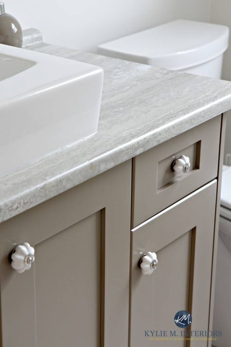 The 4 Best Gray & Greige Colours for Cabinets & Vanities (Medium-toned) - Kylie M Interiors Kingsport Gray, Colors With Oak Cabinets, Greige Bathroom, Taupe Bathroom, Kylie M Interiors, Painted Vanity Bathroom, Greige Paint Colors, Painted Bathroom, Greige Paint