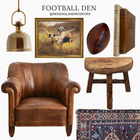 New England Interiors • Football Den • Wall Art, Vintage Rug, Pendant Lighting, Football, Leather Chair, Sporting Books, Vintage Stool. :raised_hands: :football:TO SHOP: Click the link in bio or copy this link into your web browser https://liketk.it/3Rbft New England Interiors, Vintage Sports Room, Small Colonial, New England Interior, Raised Hands, England Lifestyle, Football Rooms, Living Room Throws, Fireplace Set