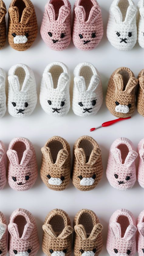 Free crochet pattern for beautiful rabbit baby shoes. Clear instructions for crafting lovely shoes. Ideal for any baby outfit. Crochet Baby Shoes Pattern Free, Crochet Bunny Slippers, Baby Crochet Shoes Free Pattern, Crochet Baby Slippers Free Pattern, Crochet Bunny Applique Pattern Free, Baby Shoes Crochet Free Pattern, Baby Booties Crochet Pattern Free, Crochet Baby Items Free Patterns, Free Crochet Baby Shoes Pattern