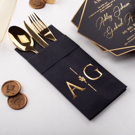 Our personalized black napkins are the perfect addition to any event, including weddings, birthdays, baby showers, bridal showers, sweet 16s, and quinceañeras. These custom napkins are crafted to mimic textile-like, linen-like, and cloth-like textures, giving your table settings a sophisticated and premium feel. Add a personalized touch with monograms, names, or special designs to make your occasion truly stand out. Available in styles such as pocket type and printed options, these napkins are b Black Napkin Table Setting, Black Napkin Wedding, Wedding Table Decorations Black, Black And Gold Gala, Square Plates Table Setting, Black And Gold Dinner Table Setting, Wedding Napkin, Elegant Dinner Party Decorations, Black And Gold Wedding Decorations